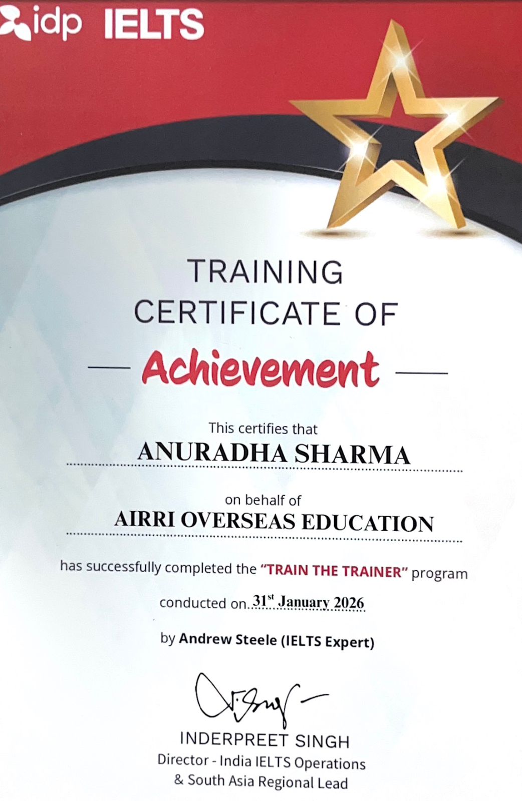 IDP IELTS Train the Trainer certificate awarded to Anuradha Sharma of AIRRI Overseas Education, 31 January 2026