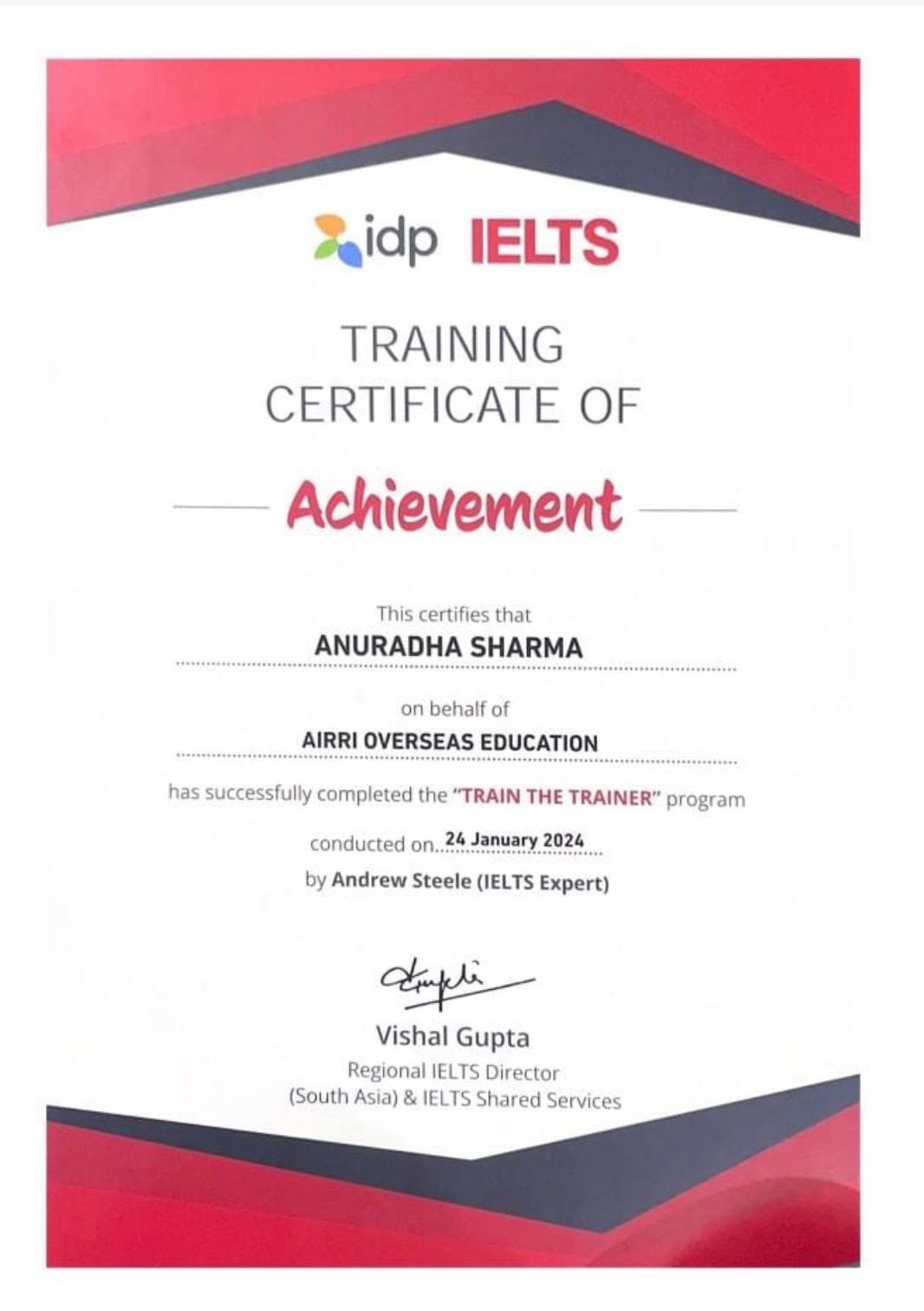 IDP IELTS Train the Trainer certificate awarded to Anuradha Sharma of AIRRI Overseas Education, 24 January 2024
