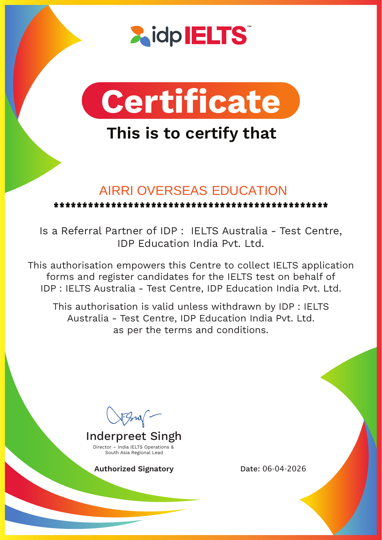 IDP IELTS referral partner certificate for AIRRI Overseas Education