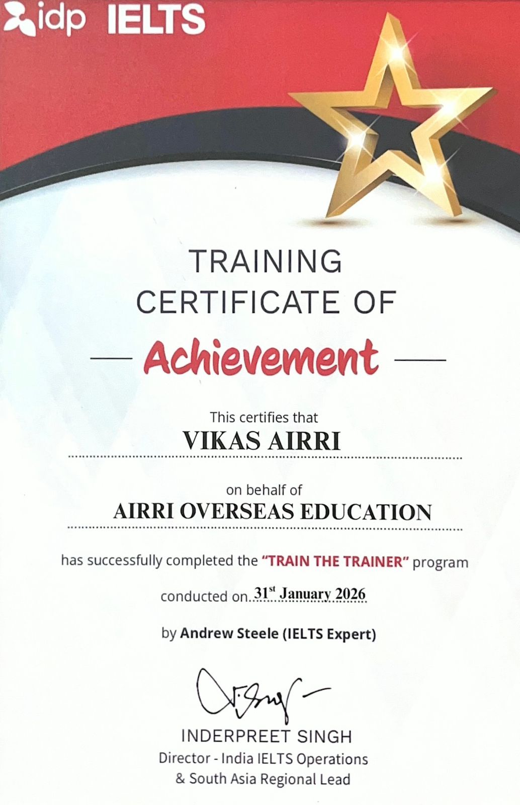 IDP IELTS Train the Trainer certificate awarded to Vikas Airri of AIRRI Overseas Education, 31 January 2026