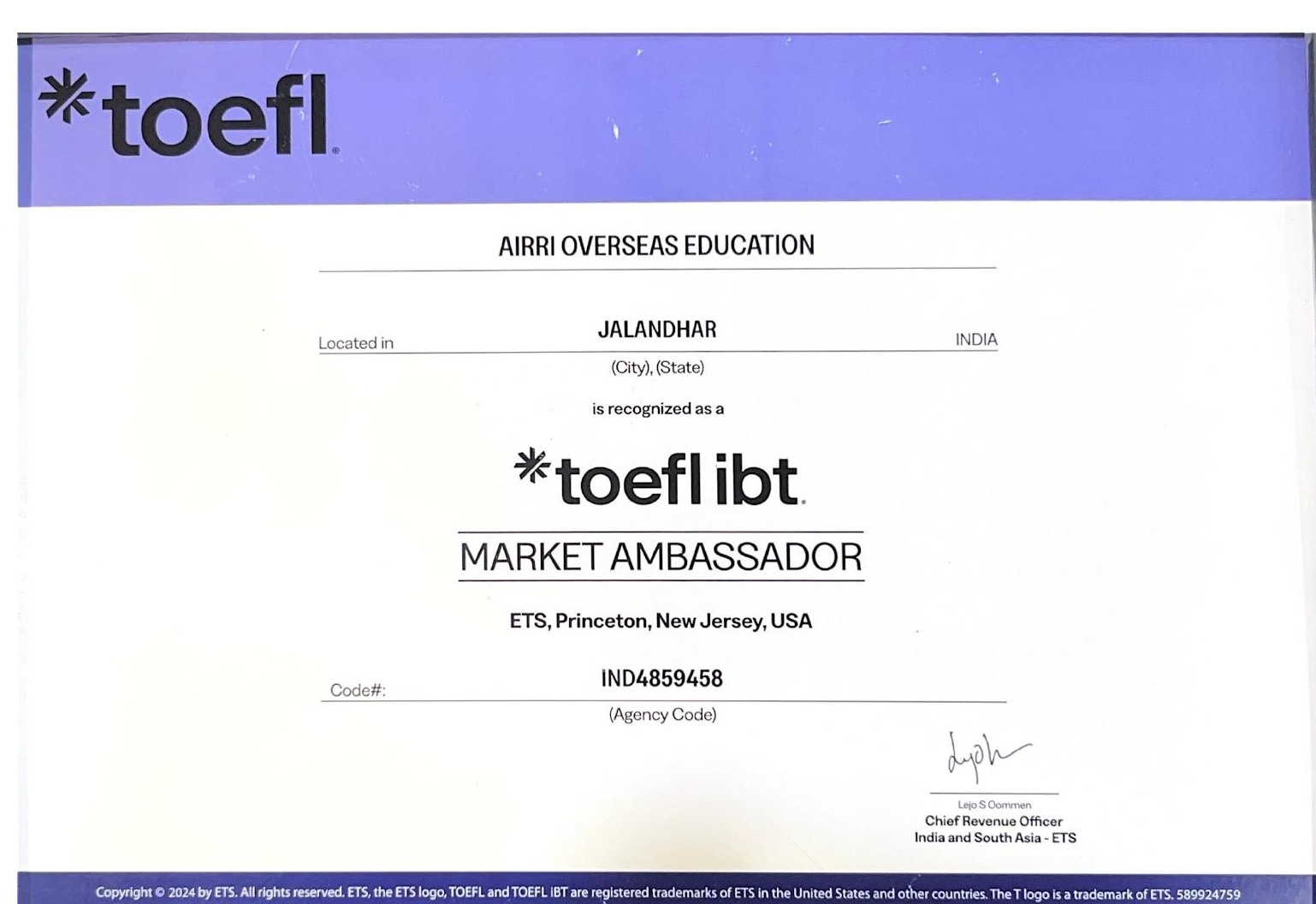 TOEFL iBT Market Ambassador certificate awarded to AIRRI Overseas Education by ETS